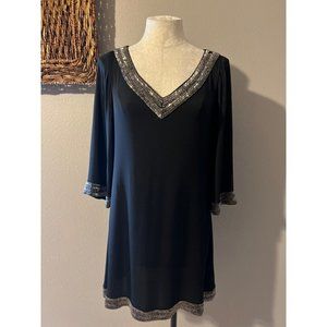 Alice + Olivia Shift Dress L Large Black Beaded Stretch Silk
